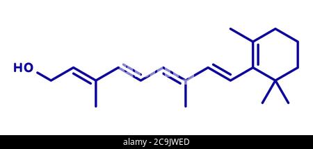 Vitamin-A-Molekül (Retinol). Blaue Skelettformel auf weißem Hintergrund. Stockfoto