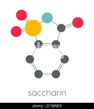 Saccharin künstlicher Süßstoff Molekül. Stilisierte Skelettformel (chemische Struktur). Atome werden als farbcodierte Kreise dargestellt, die durch dünne Bindung verbunden sind Stockfoto