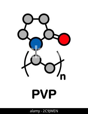 Polyvinylpyrrolidon (PVP, Povidon, Polyvidon) Polymer, chemische Struktur. Stilisierte Skelettformel: Atome werden als farbcodierte Kreise mit t dargestellt Stockfoto