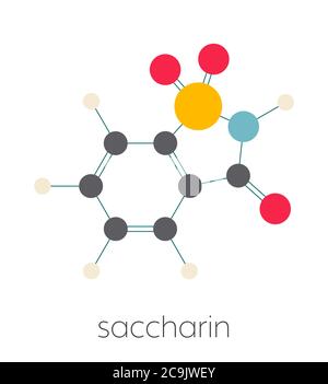 Saccharin künstlicher Süßstoff Molekül. Stilisierte Skelettformel (chemische Struktur). Atome werden als farbcodierte Kreise dargestellt, die durch dünne Bindung verbunden sind Stockfoto