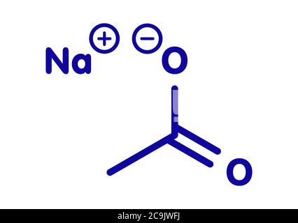 Natriumacetat, chemische Struktur. Blaue Skelettformel auf weißem Hintergrund. Stockfoto