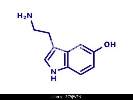 Neurotransmitter-Molekül Serotonin. Blaue Skelettformel auf weißem Hintergrund. Stockfoto