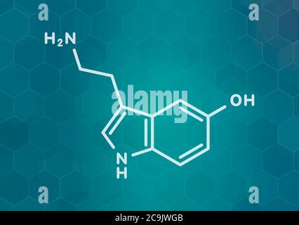 Neurotransmitter-Molekül Serotonin. Weiße Skelettformel auf dunklem blauem Gradienten-Hintergrund mit sechseckigem Muster. Stockfoto