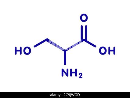 Serin (l-Serin, Ser, S) Aminosäuremolekül. Blaue Skelettformel auf weißem Hintergrund. Stockfoto