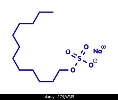 Natriumdodecylsulfat (SDS, Natriumlaurylsulfat) Tensidmolekül. Wird häufig in Reinigungsprodukten verwendet. Blaue Skelettformel auf weißem Hintergrund Stockfoto