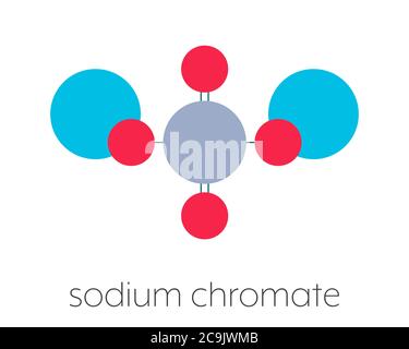 Natriumchromat, chemische Struktur. Stilisierte Skelettformel (chemische Struktur): Atome werden als farbcodierte Kreise dargestellt, die durch dünne Bindungen verbunden sind, o Stockfoto