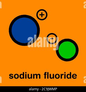 Natriumfluoridsalz, chemische Struktur. Stilisierte Skelettformel (chemische Struktur): Atome werden als farbcodierte Kreise mit dickem schwarzen Outl dargestellt Stockfoto