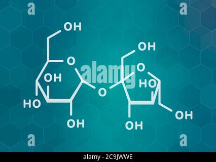 Saccharose-Zucker-Molekül. Auch bekannt als Tafelzucker, Rohrzucker oder Rübenzucker. Weiße Skelettformel auf dunklem blauem Gradienten Hintergrund mit hexagonalem pa Stockfoto