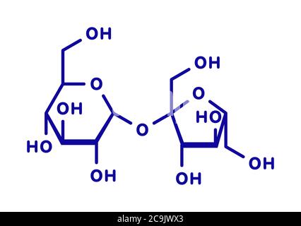 Saccharose-Zucker-Molekül. Auch bekannt als Tafelzucker, Rohrzucker oder Rübenzucker. Blaue Skelettformel auf weißem Hintergrund. Stockfoto