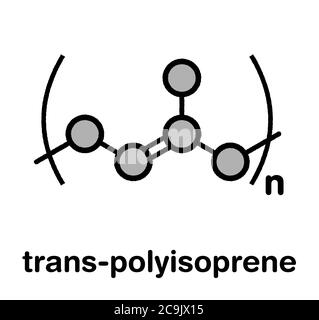 Trans-1,4-Polyisopren-Polymer, chemische Struktur. Hauptbestandteil von Guttapercha. Stilisierte Skelettformel: Atome werden als farbcodierte Kreise dargestellt Stockfoto