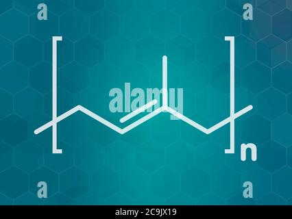 Trans-1,4-Polyisopren-Polymer, chemische Struktur. Hauptbestandteil von Guttapercha. Weiße Skelettformel auf dunklem blauem Gradienten-Hintergrund mit Hexag Stockfoto