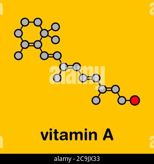 Vitamin A (Retinol) Molekül. Stilisierte Skelettformel (chemische Struktur). Atome werden als farbcodierte Kreise mit dicken schwarzen Umrissen und Bon dargestellt Stockfoto
