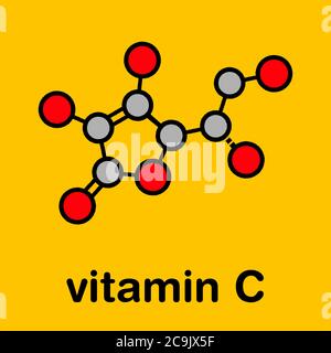 Vitamin C (Ascorbinsäure, Ascorbat) Molekül. Stilisierte Skelettformel (chemische Struktur). Atome werden als farbcodierte Kreise mit dickem Schwarz dargestellt Stockfoto