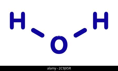 Wasser (H2O)-Molekül. Blaue Skelettformel auf weißem Hintergrund. Stockfoto