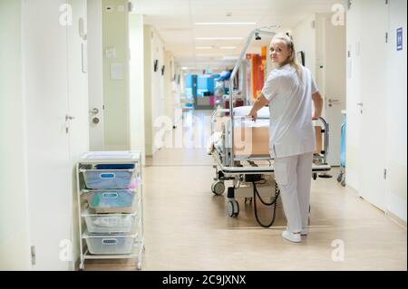 Krankenschwester, die das Krankenhausbett in den Flur schiebt. Stockfoto