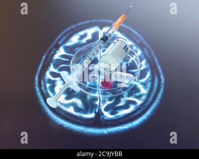 Konzeptuelles Bild der Erforschung einer Heilung von Gehirnstörungen. Stockfoto