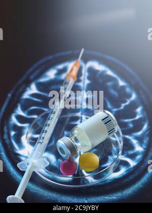 Konzeptuelles Bild der Erforschung einer Heilung von Gehirnstörungen. Stockfoto