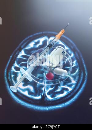 Konzeptuelles Bild der Erforschung einer Heilung von Gehirnstörungen. Stockfoto