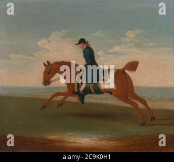 James Seymour - eines von vier Portraits von Pferden - ein Kastanienrakepferd, das von einem Trainer in einem Blue Coat- Galopp... Stockfoto