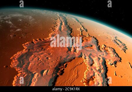 Abbildung einer schrägen Ansicht des riesigen Valles Marineris Canyonsystems auf dem Mars. Die Valles Marineris ist über 3000 Kilometer lang und bis zu 8 Kilometer lang Stockfoto