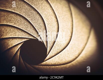Makroaufnahme von einem Objektiv, das die Membranflügel zeigt. Stockfoto