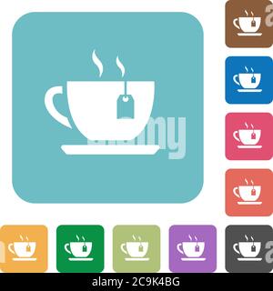 Tasse Tee mit Teebeutel weißen flachen Symbolen auf Farbe abgerundeten quadratischen Hintergründe Stock Vektor