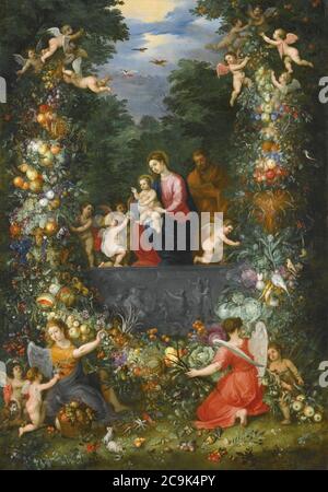 Jan Brueghel der Jüngere und Hendrik van Balen der Ältere - die Heilige Familie in einer Girlande aus Obst, Blumen und Gemüse von Engeln gehalten. Stockfoto