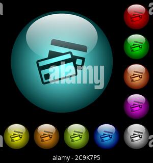 Kreditkarten-Symbole in Farbe beleuchtet kugelförmigen Glas Tasten auf schwarzem Hintergrund. Kann für schwarze oder dunkle Vorlagen verwendet werden Stock Vektor