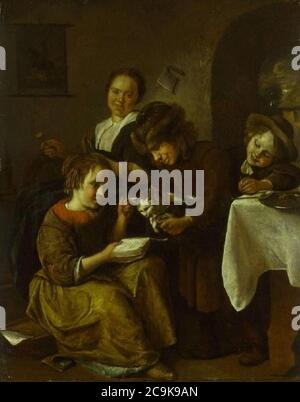 Jan Steen - Kinder eine Katze zum Lesen lehren. Stockfoto