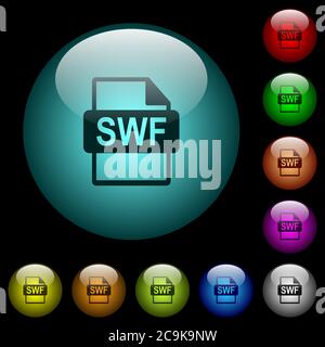 SWF-Dateiformatsymbole in Farbe beleuchtete kugelförmige Glastasten auf schwarzem Hintergrund. Kann für schwarze oder dunkle Vorlagen verwendet werden Stock Vektor