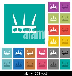 Mehrfarbige flache Symbole für den Wireless-Router auf einfachen quadratischen Hintergründen. Weiße und dunklere Symbolvarianten für schwebe- oder aktive Effekte. Stock Vektor