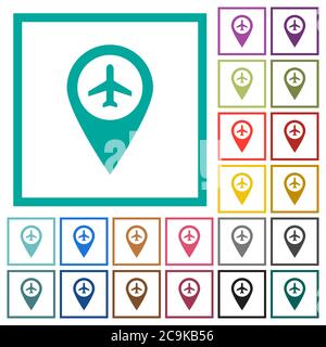 Flughafen GPS-Karte Position flache Farbe Symbole mit Quadranten Rahmen auf weißem Hintergrund Stock Vektor