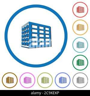 Office Block flache Farbvektorsymbole mit Schatten in runden Umrissen auf weißem Hintergrund Stock Vektor