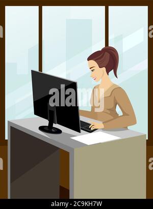 Büroangestellter oder Freiberufler. Frau sitzt am Schreibtisch und arbeitet am Laptop Stock Vektor