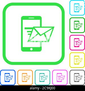 Senden von E-Mails vom Mobiltelefon lebendige farbige flache Symbole in geschwungenen Rahmen auf weißem Hintergrund Stock Vektor