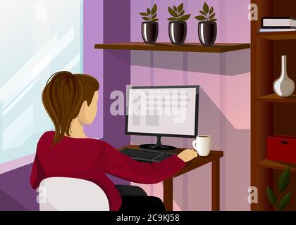 Büroangestellter oder Freiberufler. Frau sitzt am Schreibtisch und arbeitet am Laptop Stock Vektor
