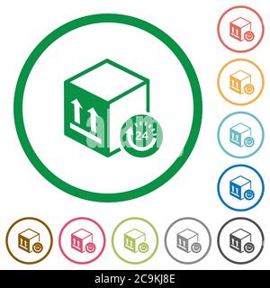 Eintägige Paketzustellung flache Farbsymbole in runden Umrissen auf weißem Hintergrund Stock Vektor