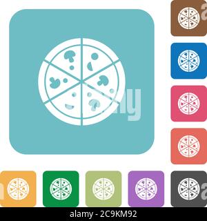 Pizza weiße flache Symbole auf farbigen gerundeten quadratischen Hintergründen Stock Vektor