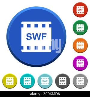 Runde, abgeschrägte Schaltflächen im SWF-Filmformat mit glatten Oberflächen und flachen weißen Symbolen Stock Vektor