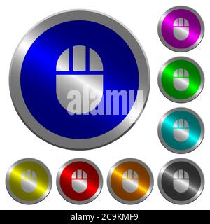 Drei knöpfbare Computer-Maus-Symbole auf runden, leuchtenden, münzähnlichen farbigen Stahlknöpfen Stock Vektor