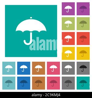Regenschirm mehrfarbige flache Symbole auf einfachen quadratischen Hintergründen. Weiße und dunklere Symbolvarianten für schwebe- oder aktive Effekte. Stock Vektor