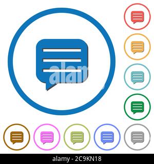 Meldungsfeld mit Zeilen flache Farbvektorsymbole mit Schatten in runden Umrissen auf weißem Hintergrund Stock Vektor