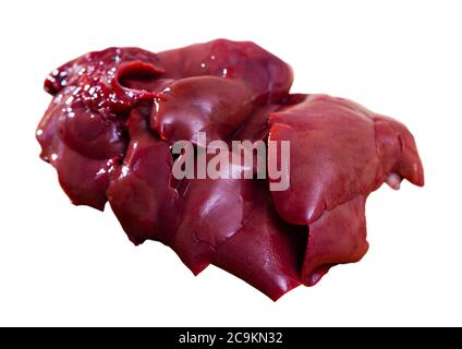 Frische rohe Kaninchenleber. Diätetisches Fleischprodukt. Isoliert auf weißem Hintergrund Stockfoto