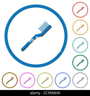 Flache Farbsymbole der Zahnbürste mit Schatten in runden Umrissen auf weißem Hintergrund Stock Vektor