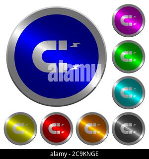 Hufeisenmagnet-Symbole auf runden, leuchtenden, münzähnlichen farbigen Stahlknöpfen Stock Vektor