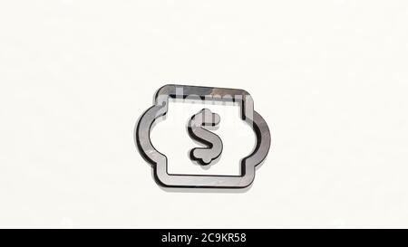 Geldschein an der Wand. 3D-Illustration von metallischen Skulptur auf einem weißen Hintergrund mit milder Textur. Business und Konzept Stockfoto