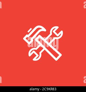 Rotes Symbol Für Hammer Und Schlüssellinie Auf Weißem Hintergrund. Rote Vektor-Grafik Mit Flacher Form Stockfoto