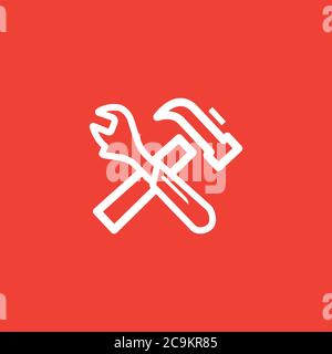 Rotes Symbol Für Hammer Und Schlüssellinie Auf Weißem Hintergrund. Rote Vektor-Grafik Mit Flacher Form Stockfoto