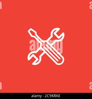 Schraubenzieher Und Schraubenschlüssellinie Rotes Symbol Auf Weißem Hintergrund. Rote Vektor-Grafik Mit Flacher Form Stockfoto