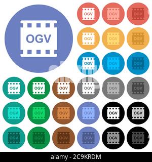 OGV Film-Format mehrfarbige flache Symbole auf runden Hintergründen. Inklusive weißen, hellen und dunklen Symbolvarianten für schweben und aktive Statuseffekte, ein Stock Vektor